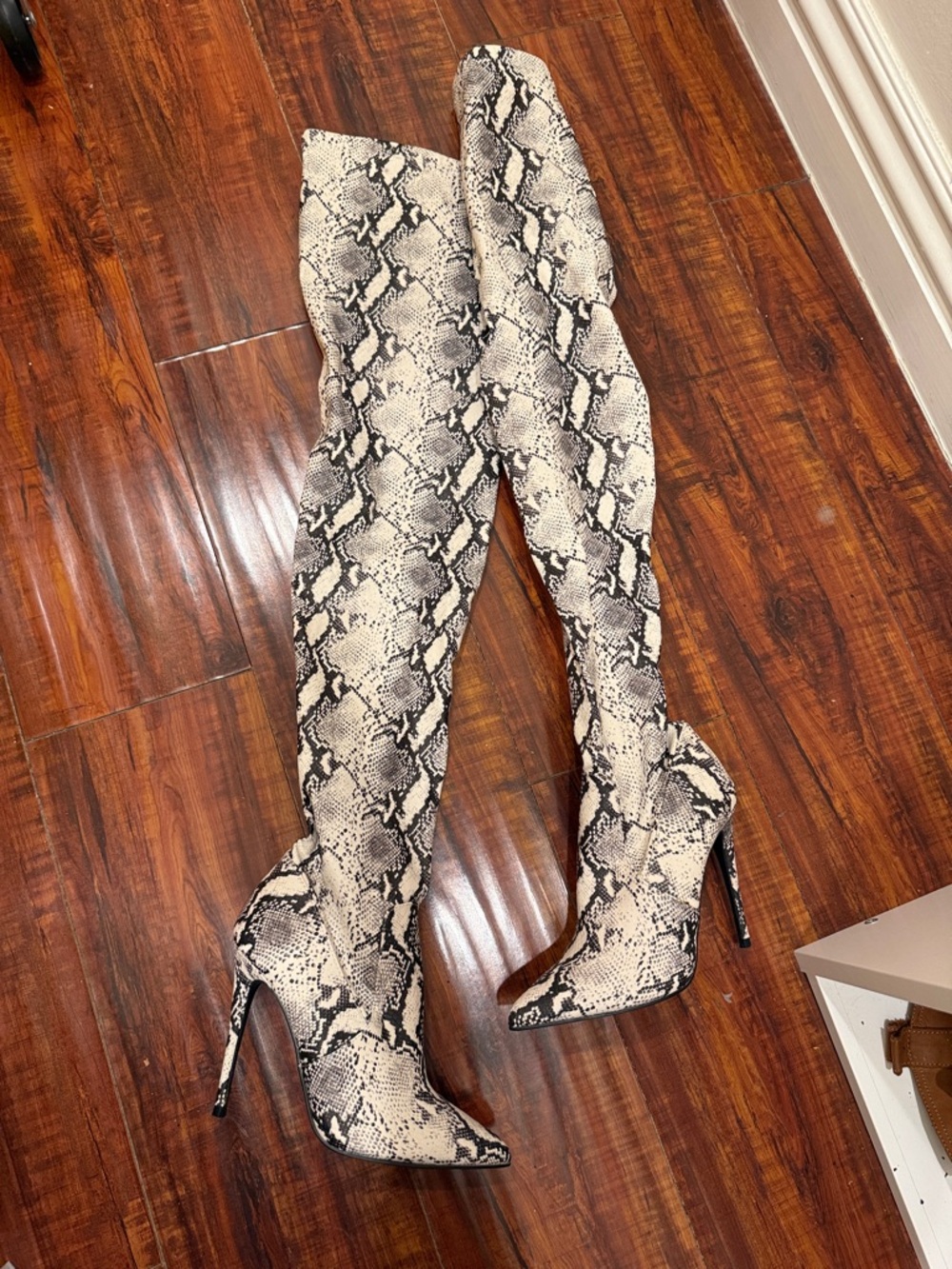 Steve Madden Snake Print Over-the-Knee Stiletto Boots in Beige and Black